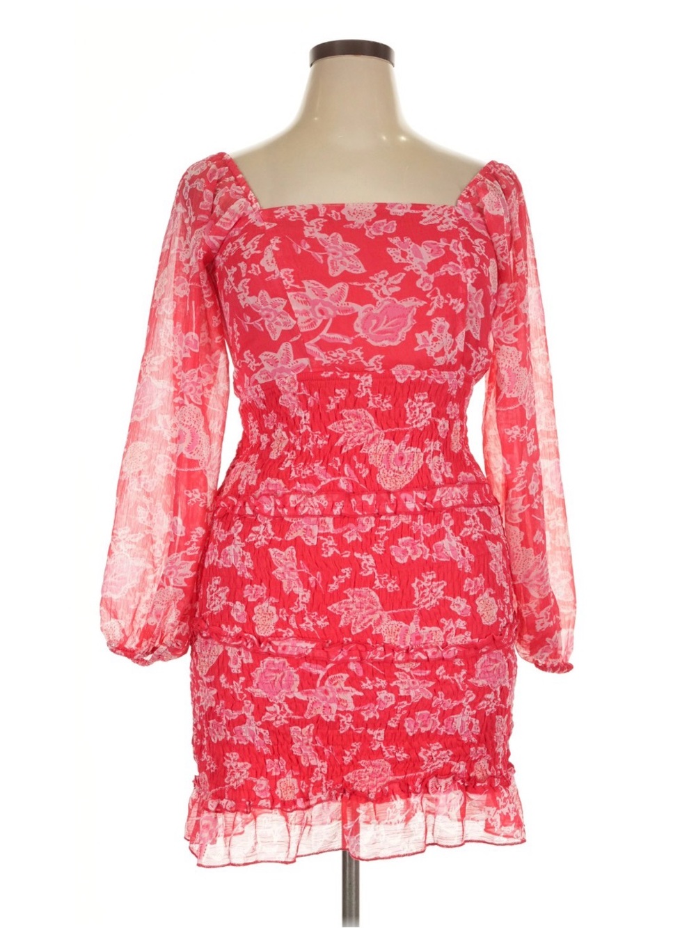 Sim & Sam Smocked Bodycon Ruffle Mini Dress (Sz XL) Pink & Red Floral